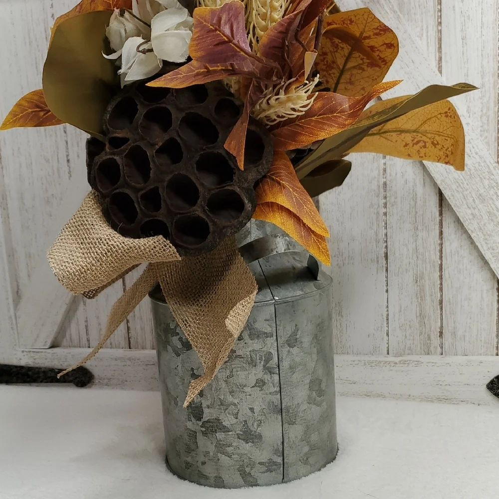 Metal Milk Can with Floral Arrangement Burlap Bow Cattails Dried Lotus